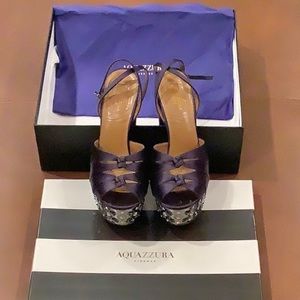 Aquazzura Party Plateau 140 Crystal-Embellished Satin Sandal in Ink color.